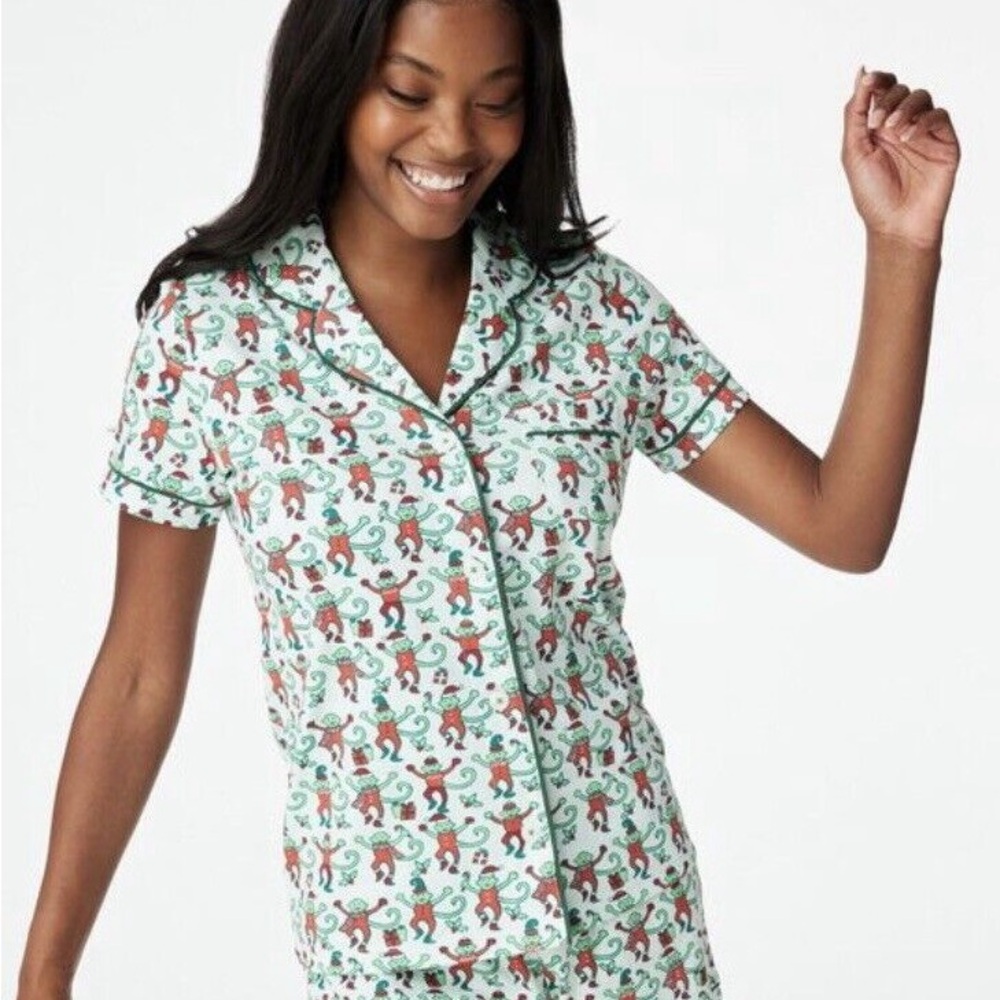 Roller Rabbit Monkey Mas Polo Christmas Pajama Top in Mint Green